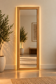Rectangle Shaped Horizontal Illuminated Wooden Frame Mirror