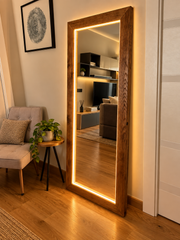 Rectangle Shaped Horizontal Illuminated Wooden Frame Mirror